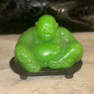 Vintage 2000 Green Faux Jade Peking Glass Seated‎ Laughing Buddha figurine